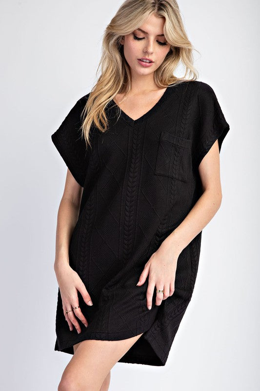 Black V-neck Textured Short Dress