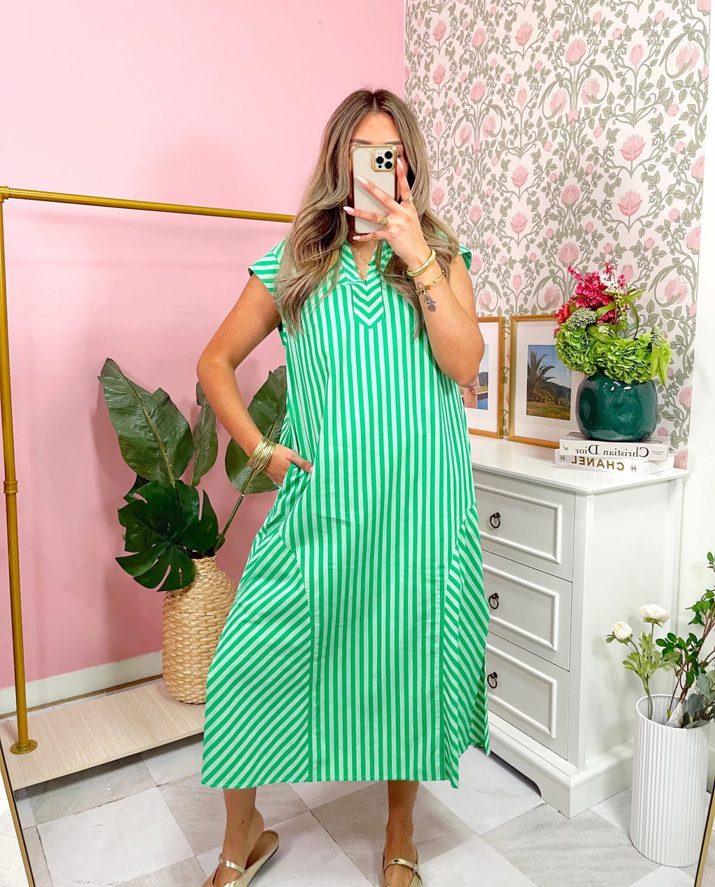 Green Striped Midi Dress