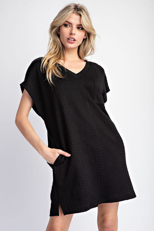 Black V-neck Textured Short Dress