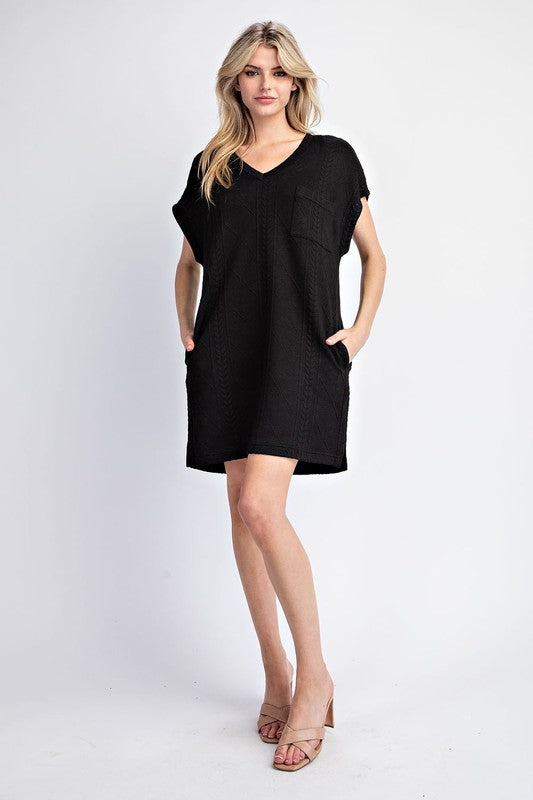 Black V-neck Textured Short Dress