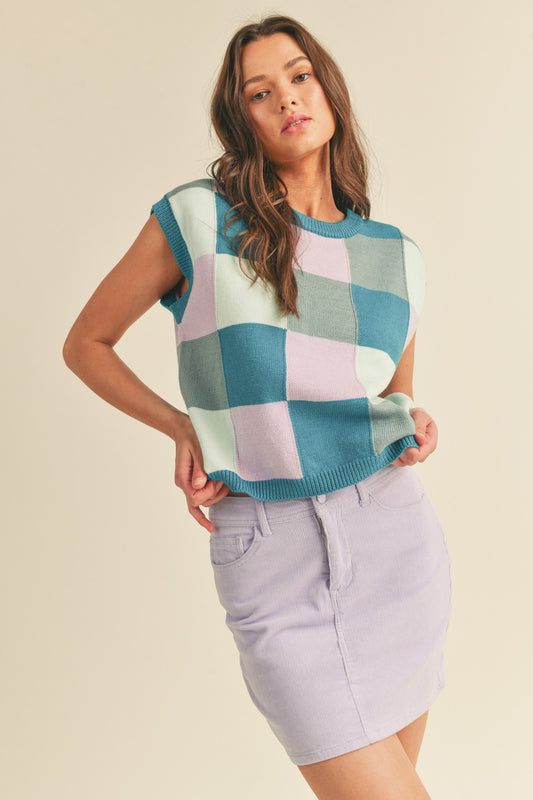 Teal Multi Checkered Sweater Top