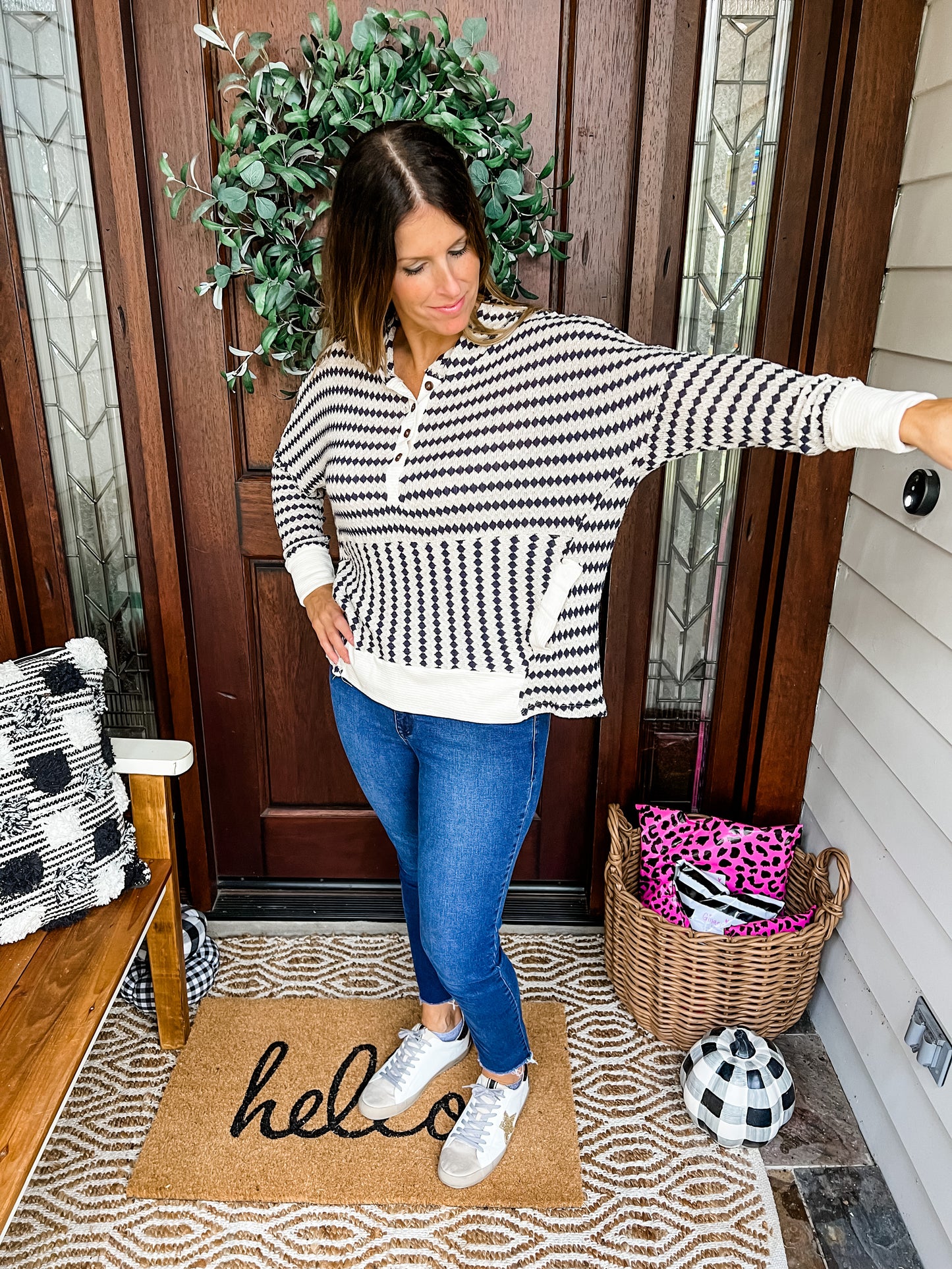 Navy and Cream Striped Hoodie